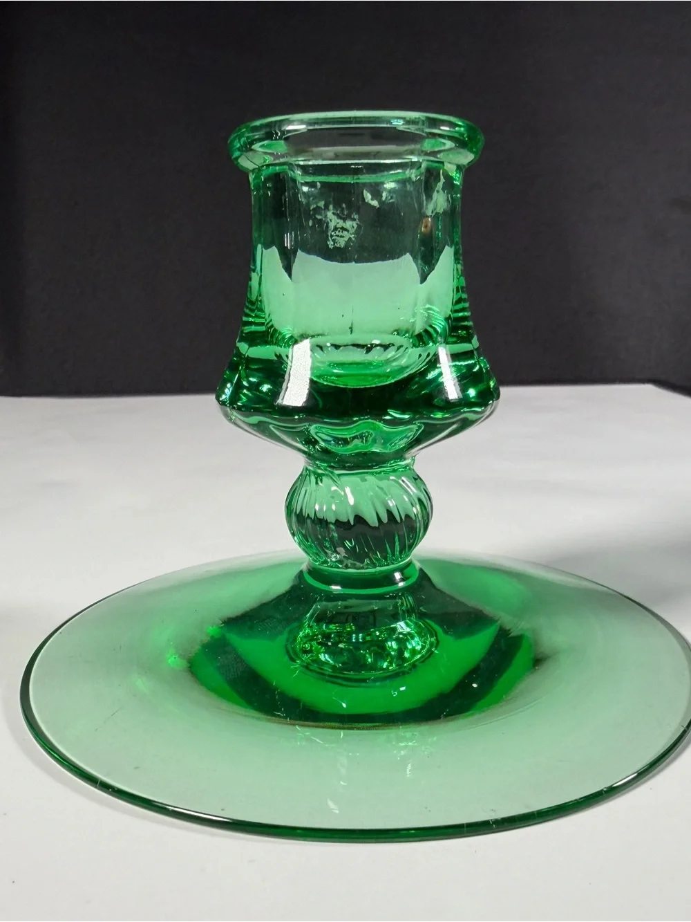 Mismatched Fostoria pair of Green Glass Candle Holders, one etched glows,